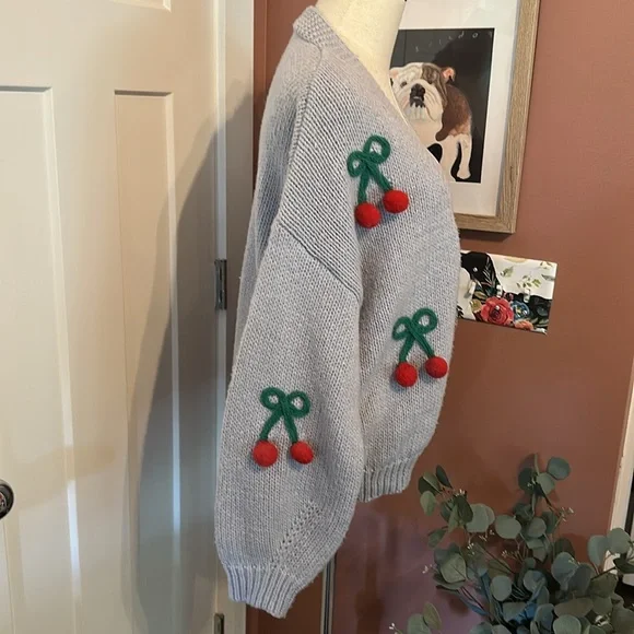 Anthropologie Luna Ivy 3D cherry oversized open front light blue S cardigan - Picture 5 of 10